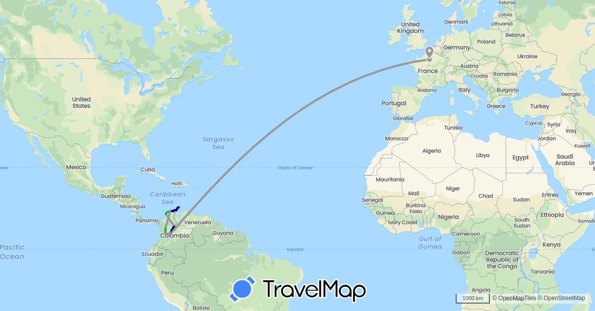 TravelMap itinerary: driving, bus, plane in Colombia, France (Europe, South America)