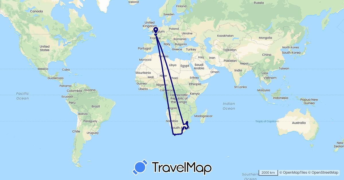 TravelMap itinerary: driving in France, Lesotho, Swaziland, South Africa (Africa, Europe)