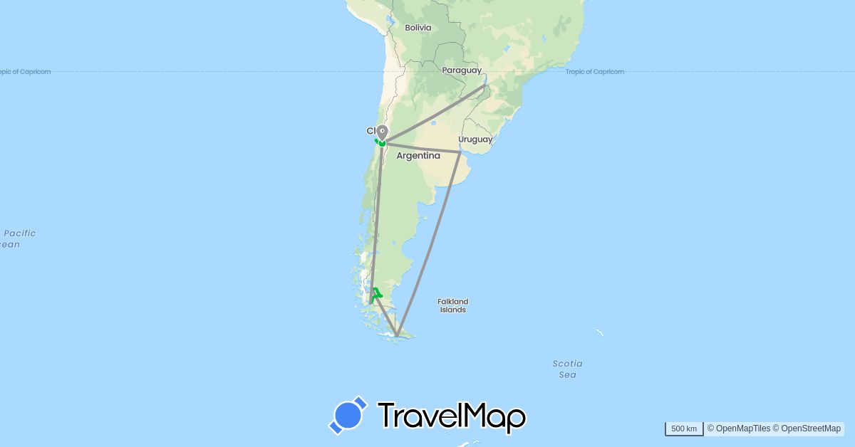 TravelMap itinerary: driving, bus, plane in Argentina, Brazil, Chile (South America)