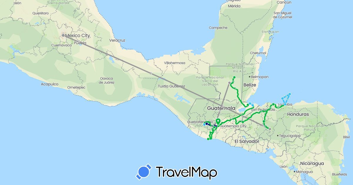 TravelMap itinerary: driving, bus, plane, boat in Guatemala, Honduras, Mexico (North America)