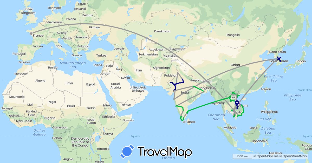 TravelMap itinerary: driving, bus, plane, train, boat in France, India, Cambodia, South Korea, Laos, Vietnam (Asia, Europe)